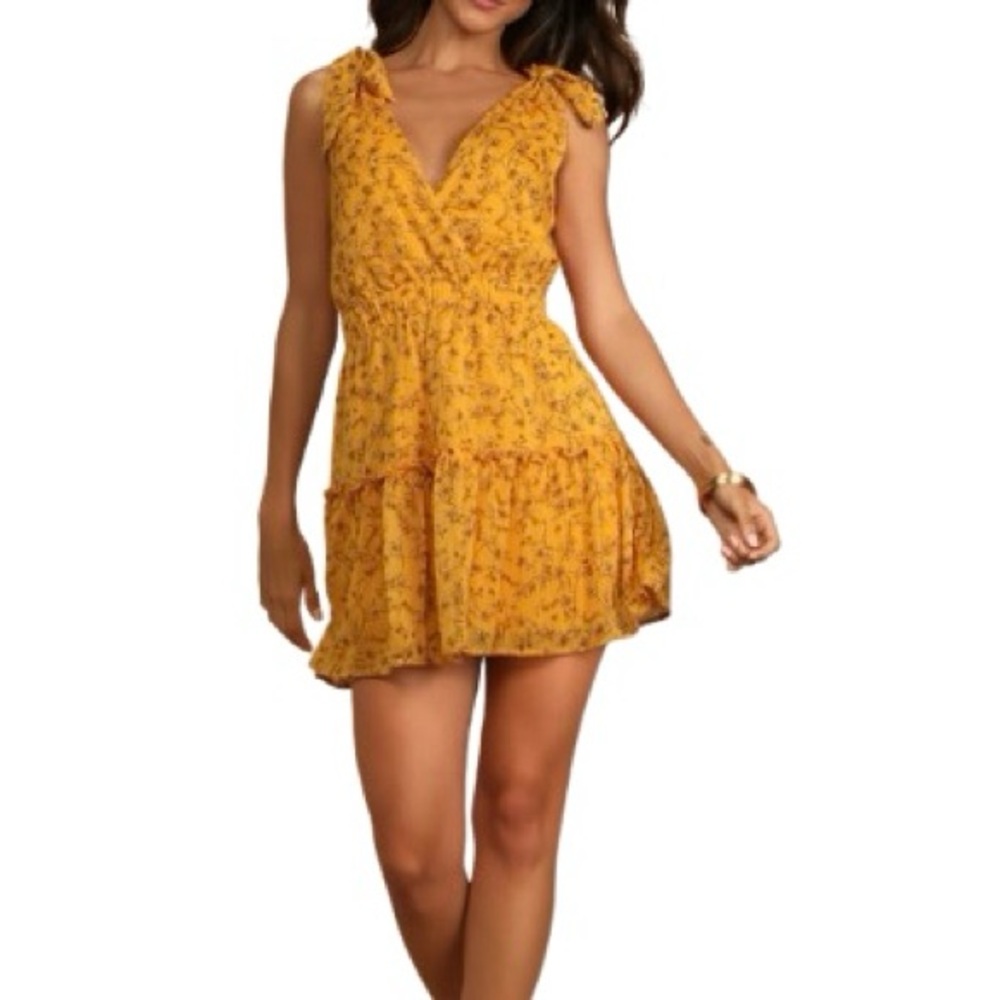 Lulus Cute Mustard Yellow Floral Sleeveless Mini Skater Dress Ruffled Tiered